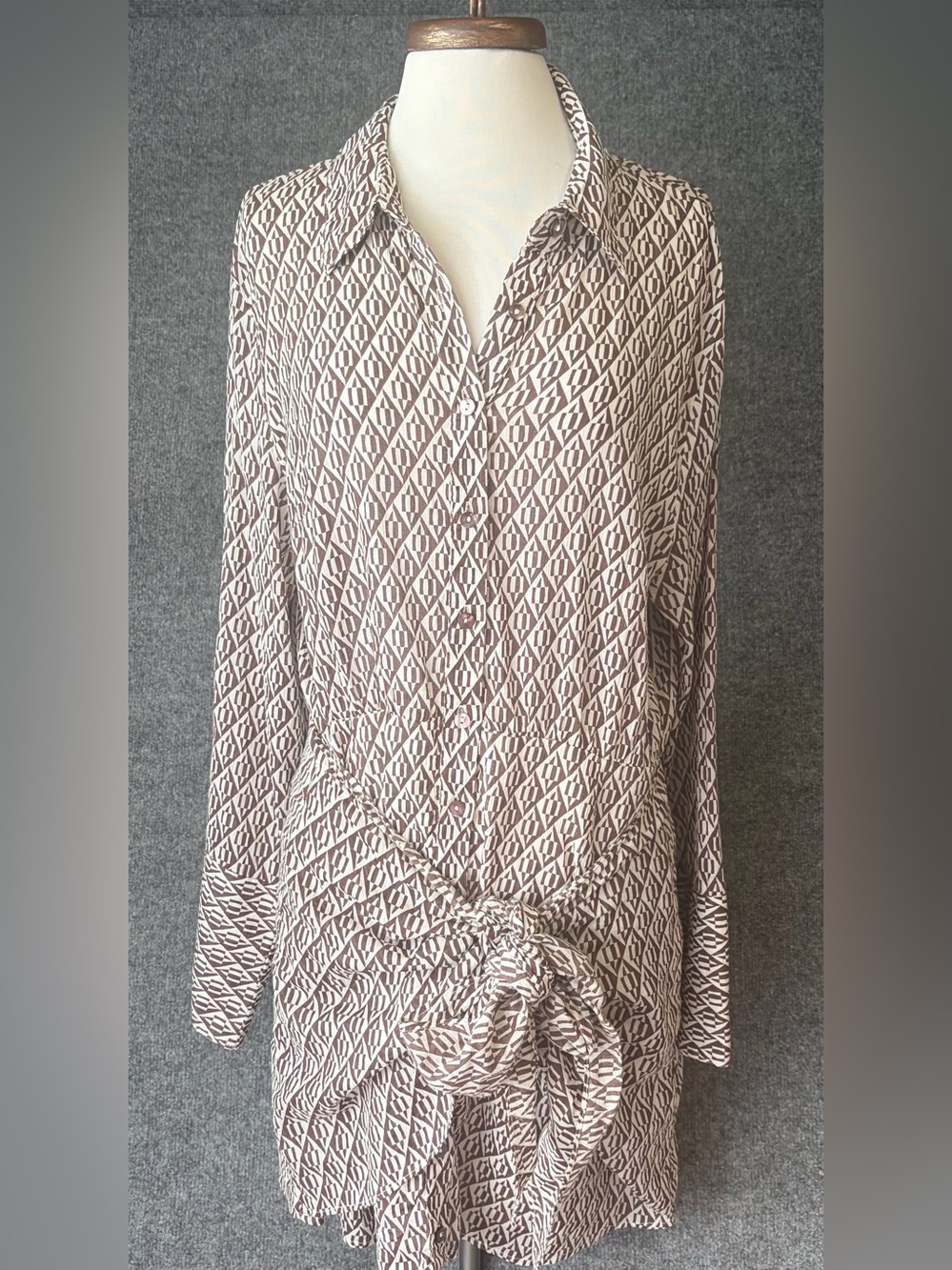 Free People Mini Dress Womens L Brown Geometric Tie Front Shirt Dress‎ L/S